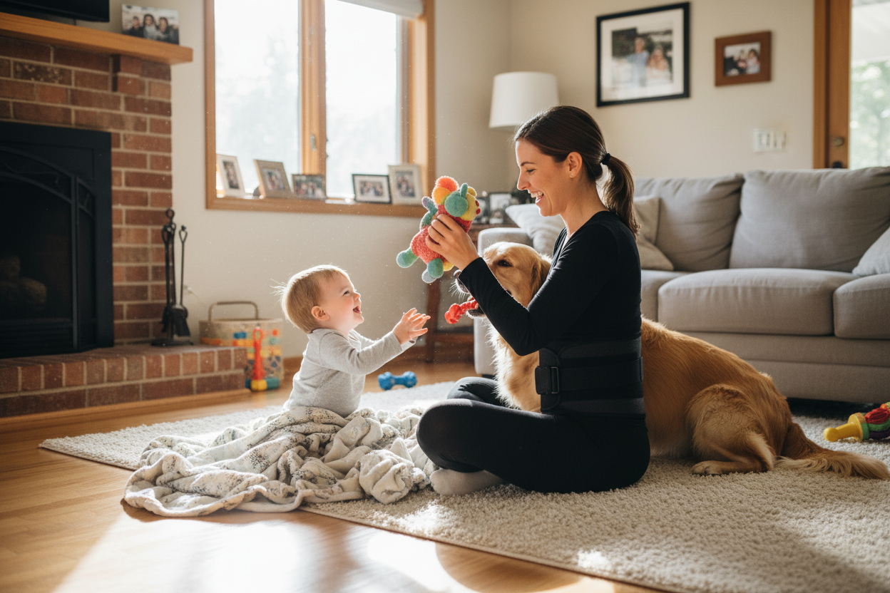 Mom playing with child and dog wearing therapy belt